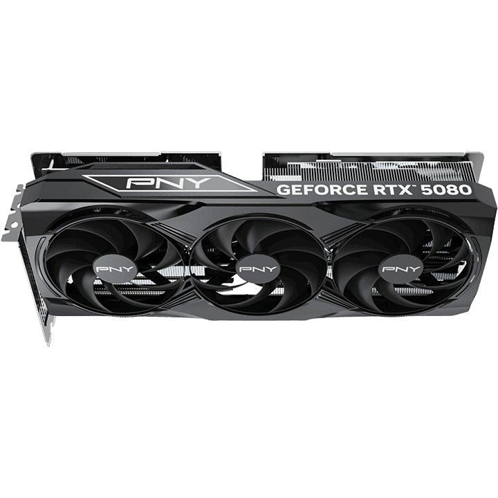 PNY GeForce RTX 5080 overclocked triple-fan GPU angled front view showing full cooler shroud
