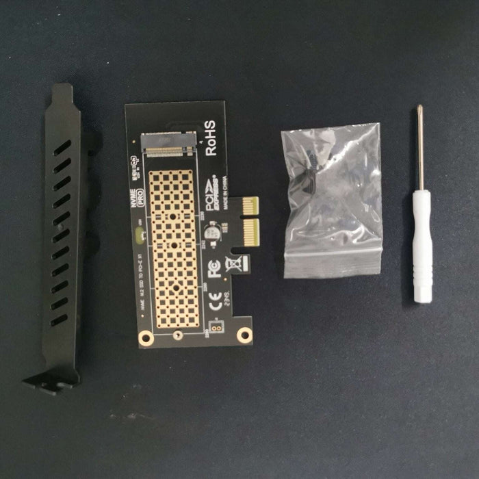 ARES M.2 NVMe to PCIe 4.0 adapter card mounted on a neutral background  -  landscape product shot showing full adapter and bracket