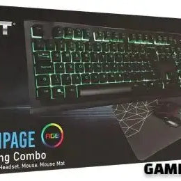 CiT Rampage RGB Gaming Keyboard, Mouse, Headset & Mouse Pad 4-in-1 Bundle displayed with vibrant RGB lighting on a gaming desk setup.
