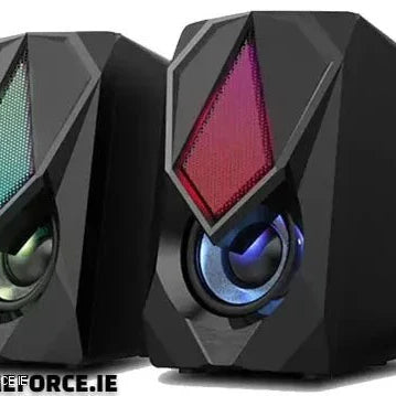 PC-LINK SCREECH-K9 GM11 USB Gaming Speakers on a desk showcasing sleek and modern design.