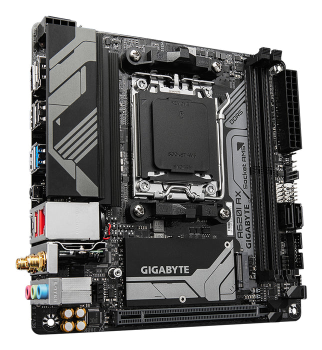 GIGABYTE A620I AX Motherboard - Supports AMD Ryzen 8000 CPUs, 5+2+1 Phases Digital VRM, up to 6400MHz DDR5 (OC), 1xPCIe 4.0 M.2, Wi-Fi 6E, 2.5GbE LAN, USB 3.2 Gen 2