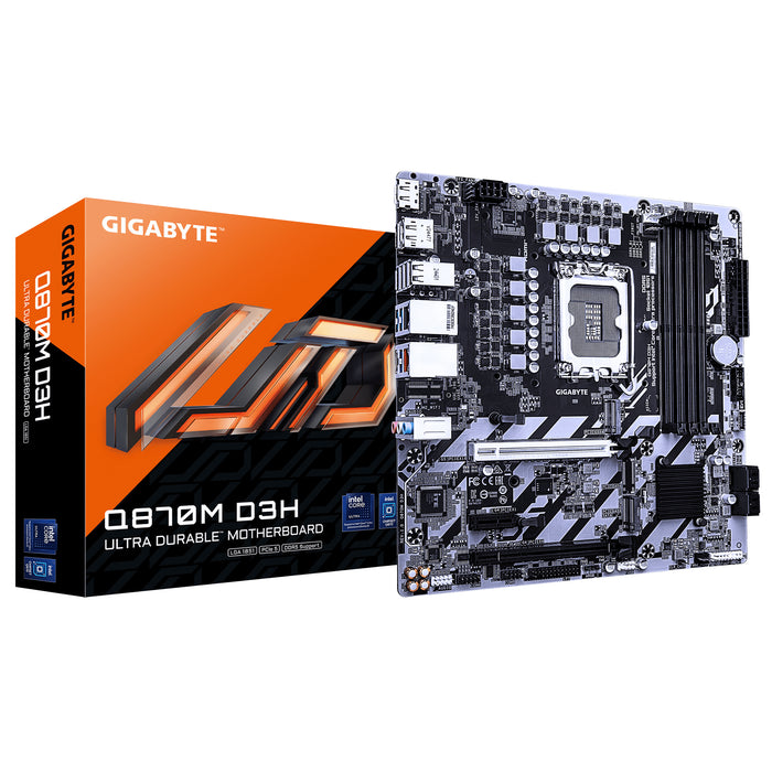 GIGABYTE Q870M D3H Motherboard - Intel Core Ultra (Series 2) CPUs, 4+1+2 Phases VRM, up to 6400MHz DDR5 (O.C), 2xPCIe 4.0 M.2, 2.5GbE LAN, USB 3.2 Gen 2