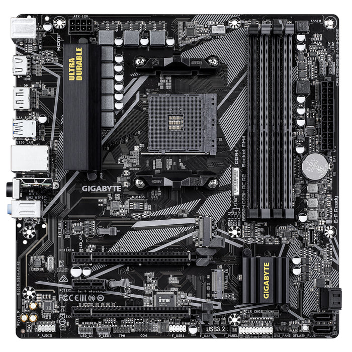 GIGABYTE B550M DS3H AC R2 Motherboard - AMD Ryzen 5000 CPUs, 5+3 Phases VRM, up to 4733MHz DDR4 (O.C.), 1xPCIe 4.0 + 1xPCIe 3.0 M.2, Wi-Fi 5, 1GbE LAN, USB 3.2 Gen 1