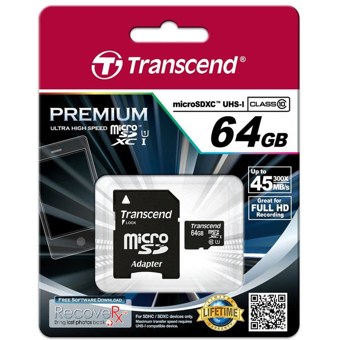 Transcend microSDXC/SDHC Class 10 UHS-I 64GB with Adapter