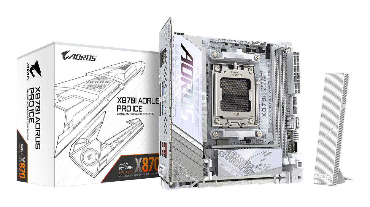 GIGABYTE X870I AORUS PRO ICE Motherboard - Supports AMD Ryzen 9000 Series CPUs, 8+2+1 phases VRM, up to 8400MHz DDR5 (OC), 1xPCIe 5.0 M.2 + 1xPCIe 4.0 M.2, WI-FI 7, 2,5GbE LAN, USB 4