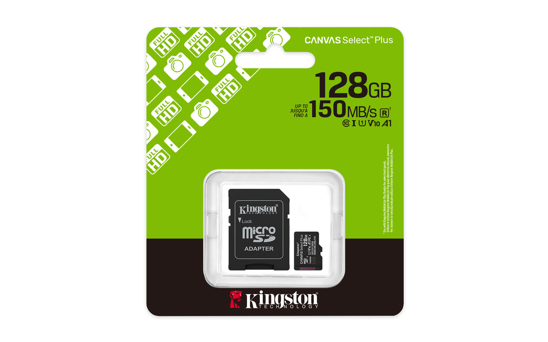 Kingston Technology 128GB microSDXC Canvas Select Plus Gen3 150MB/s A1 Card + Adapter