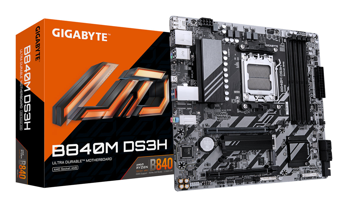 GIGABYTE B840M DS3H Motherboard - AMD Ryzen 9000 CPUs, 8+2+2 Phases VRM, up to 8200MHz DDR5, 2xPCIe 4.0 M.2, 2.5GbE LAN, USB 3.2 Gen 1