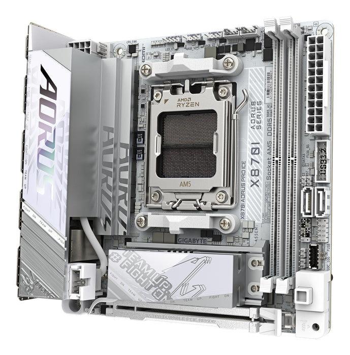GIGABYTE X870I AORUS PRO ICE Motherboard - Supports AMD Ryzen 9000 Series CPUs, 8+2+1 phases VRM, up to 8400MHz DDR5 (OC), 1xPCIe 5.0 M.2 + 1xPCIe 4.0 M.2, WI-FI 7, 2,5GbE LAN, USB 4