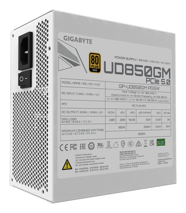 GIGABYTE UD850GM PG5W Power Supply - PCIe 5.0, 80 PLUS Gold, Fully Modular Design, 120mm Fan, ATX 3.0 compatible, EU Plug