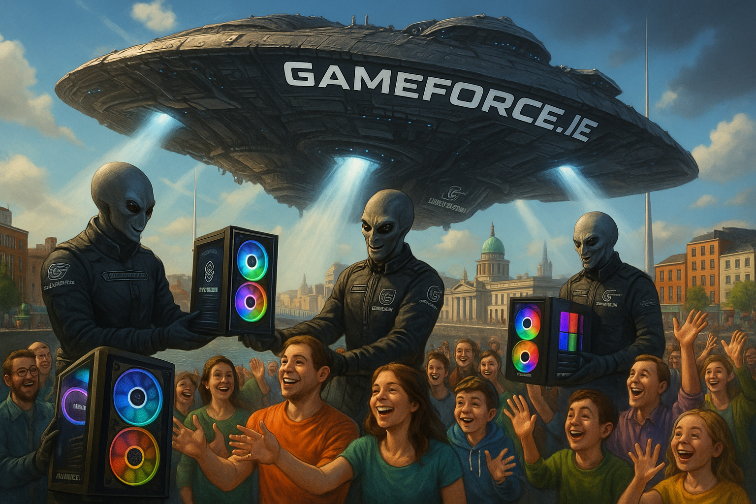 Alien space ship with GAMEFORCE.IE logo hovering over dublin with alien soldiers in black uniforms with GAMEFORCE.IE logos on their uniforms handing out rgb custom gaming pcs to the assembled crowd of happy people. 
