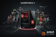 dark background , gameforce.ie logo in white , midi tower custom gaming pc , amd ryzen logo on midi tower pc , amd ryzen watermark , pc game characters around the midi tower pc , baldurs gate , wolfenstein , doom 3d , baldurs gate 3 , gta V , ea sports fifa , fortnite , flight simulator , call of duty , elden ring 