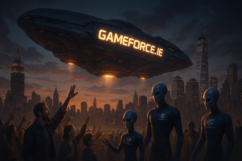GAMEFORCE.IE logo on alien space ship attacking new york. people looking up at space ship and other people running away. broken glass flying through the air. Aliens soldiers in black uniforms with GAMEFORCE.IE logos to be walking around the crowd shooting them with their laser guns and other Alien Soldiers carrying off people over their shoulders. 