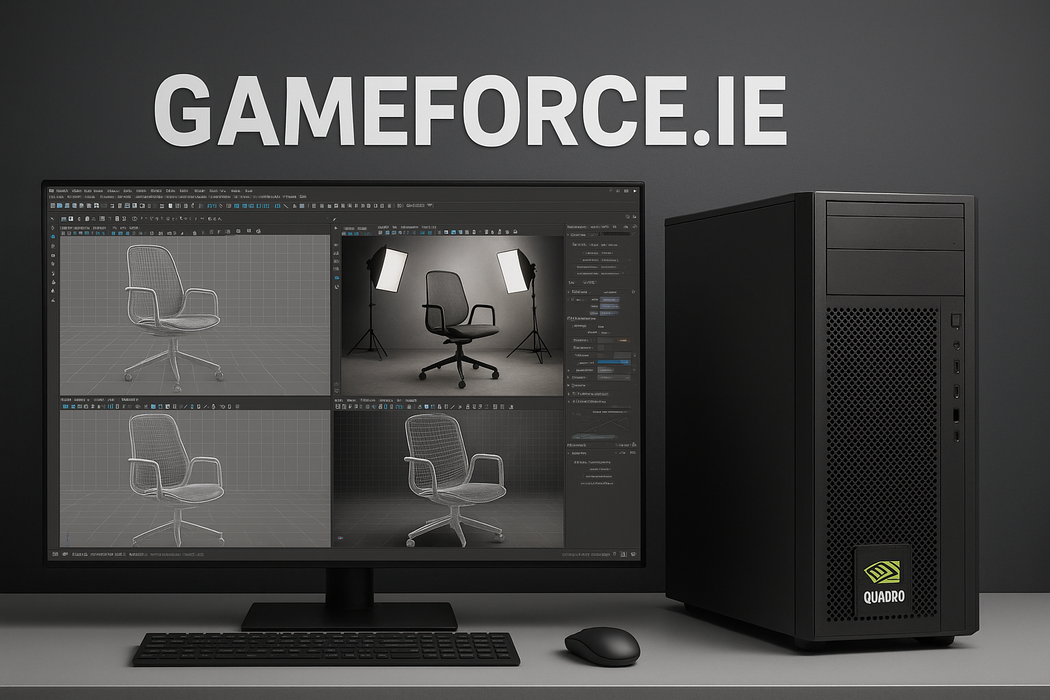 large 4k monitor on desk beside tower pc with 3d rendering app running on monitor , nvidia quadro logo small on the tower pc , dark grey background with gameforce.ie logo in white
