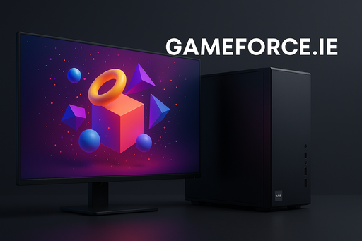 large screen monitor with 3d animation rendering on screen , tower pc with small amd ryzen logo , dark grey background with GAMEFORCE.IE logo in white