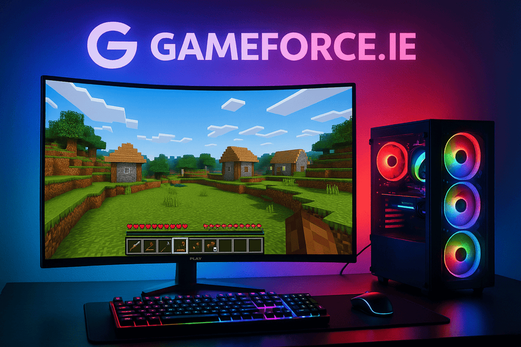 minecraft pc gaming on curved monitor on desk RGB Mini tower Gaming PC with gameforce.ie logo on wall behind