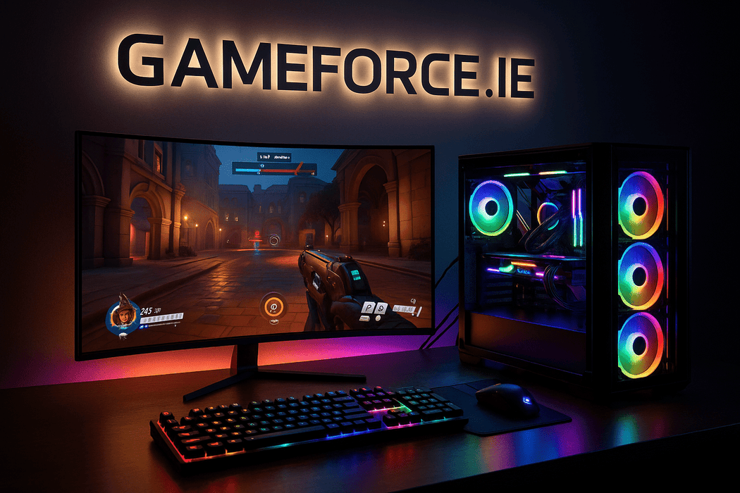overwatch 2 pc game playing on curved monitor on desk custom midi tower gaming pc rgb with GAMEFORCE.IE logo above on back wall
