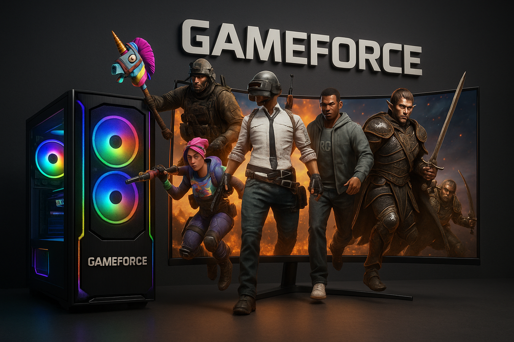 rgb midi tower custom gaming pc with small silver 3d GAMEFORCE logo on front of pc with 4k 32" curved monitor high redolution with characters from oc games climbing out of monitor screen , pc game characters from fortnite , pubg , gta , baldurs gate , call of duty with characters in 3d , dark grey background with GAMEFORCE logo on wall in white