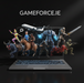 Laptop with animated characters on screen displaying 'GAMEFORCE.IE' on a dark background