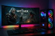 THE WITCHER IV playing on curved monitor on desk with RGB Mide tower gaming pc powered by Intel processor